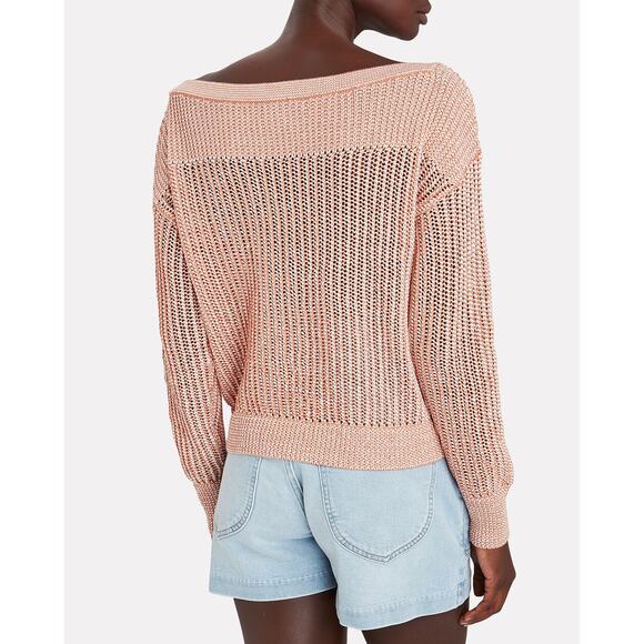 Intermix Megan Two-Tone Cotton Asymmetric Neck Open Knit Sweater Orange Beige P - Picture 3 of 6